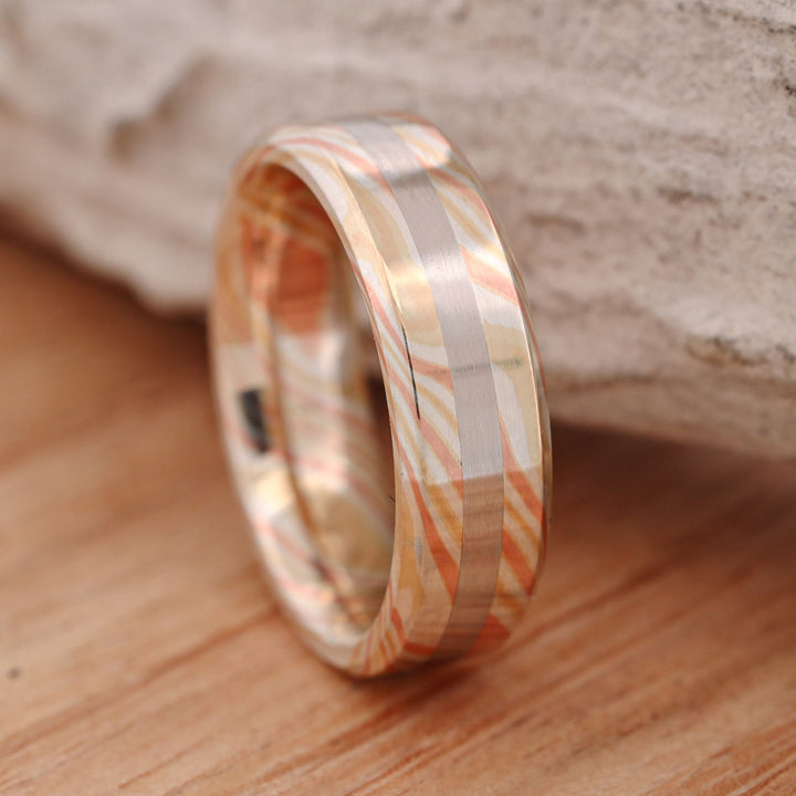 Matte Finish 14k Gold and Silver Mokume Gane, with Platinum Inlay, hand forged