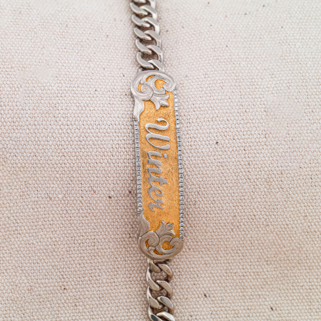 Customizable Gold "Name" Bracelet with 24k Gold Inlay and Diamond Accents