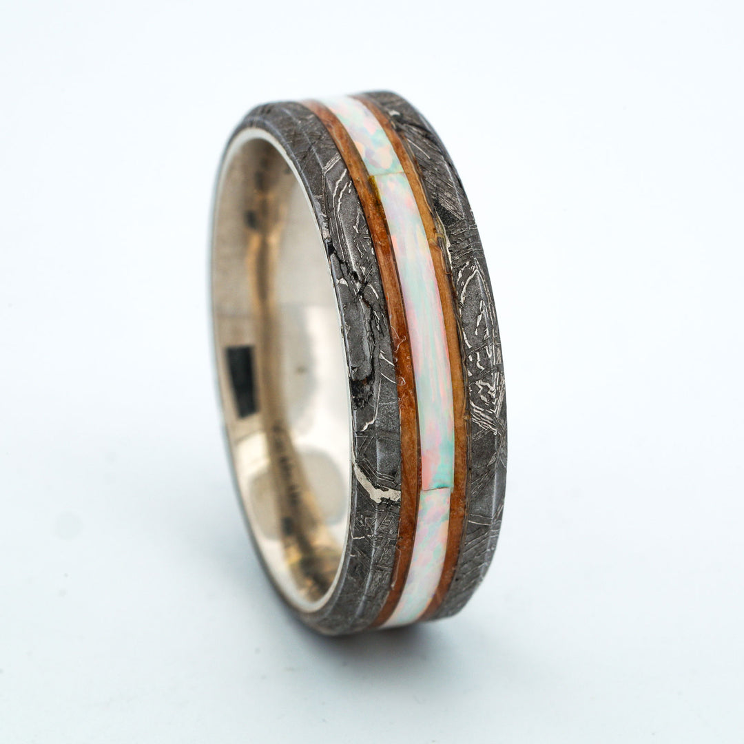 SALE RING - White Gold, Whiskey Barrel Wood, White Opal, Etched Muonionalusta Meteorite - Size 13