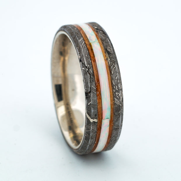 SALE RING - White Gold, Whiskey Barrel Wood, White Opal, Etched Muonionalusta Meteorite  - Size 13