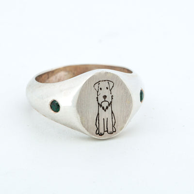 SALE RING - Silver, Signet ring with Green Gemstones and Dog Engraving - Size 6.25