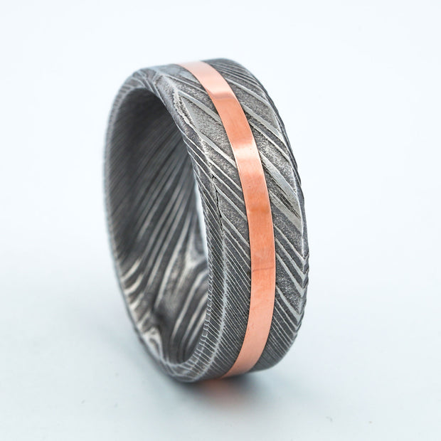 SALE RING - Damascus Steel, Rose Gold - Size 10.75