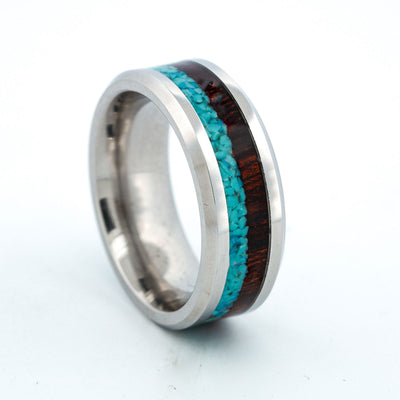 SALE RING - Stainless Steel, Ironwood, Turquoise - Size 8