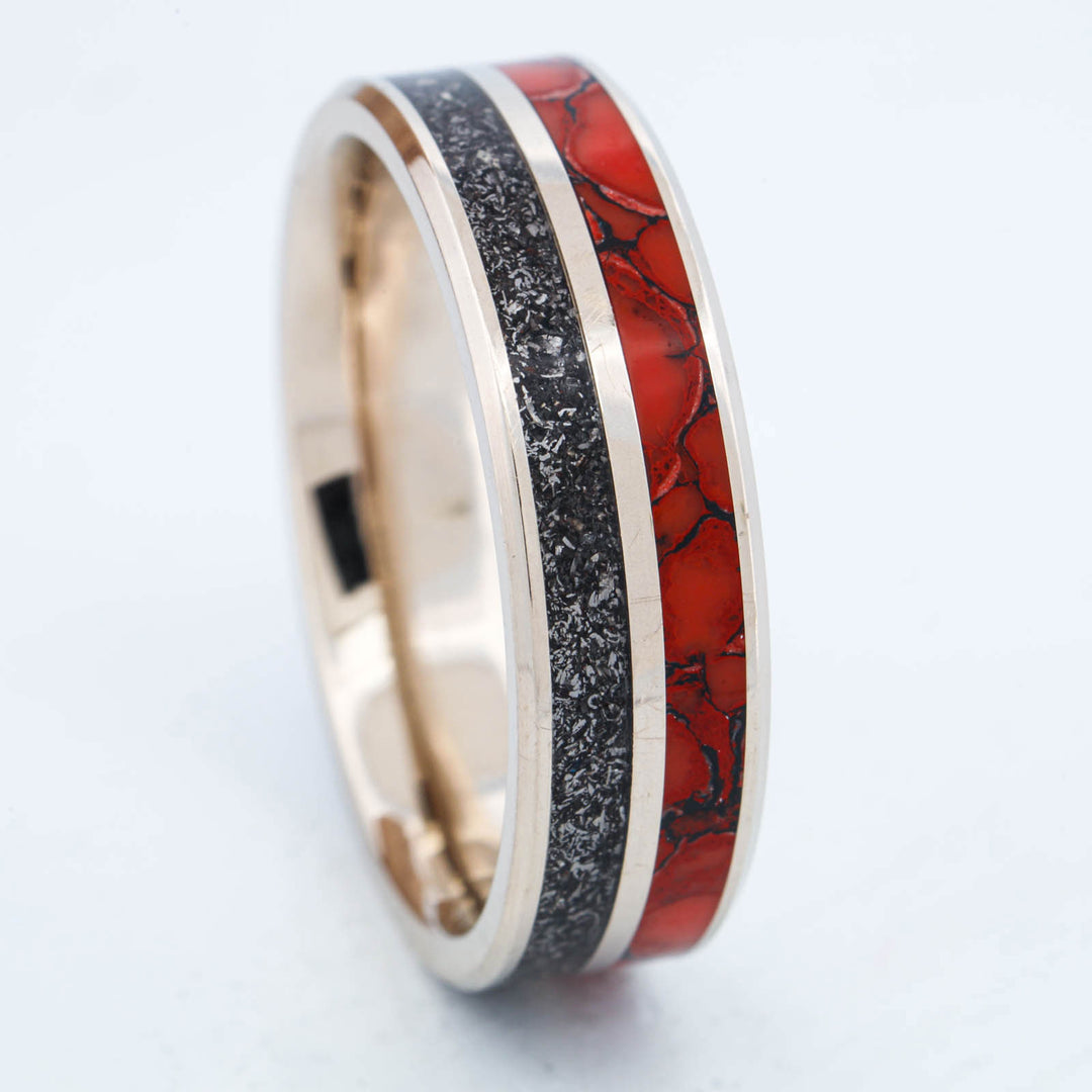 SALE RING - White Gold, Meteorite, & Dinosaur Bone - Size 15.5
