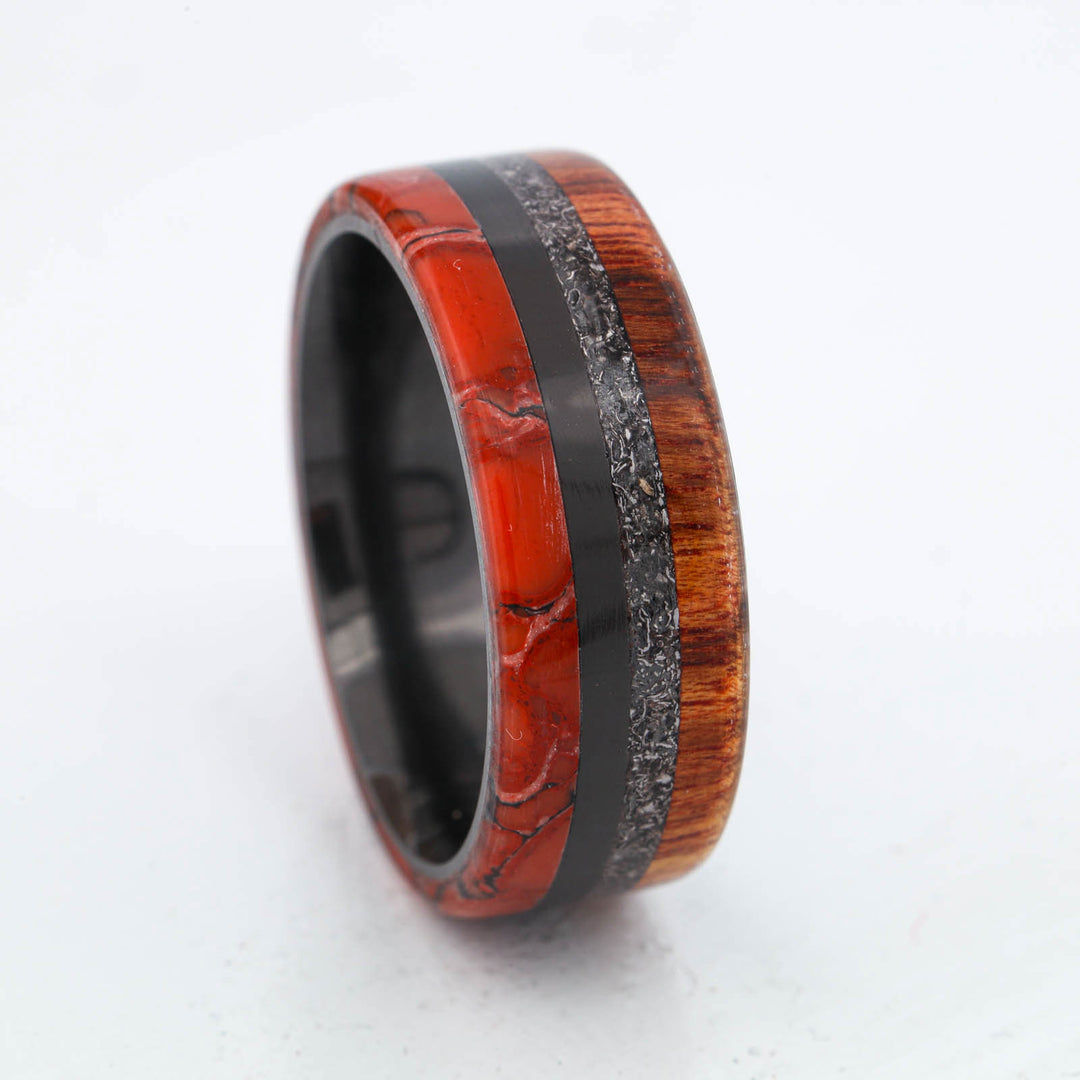 SALE RING - Black Zirconium, Rosewood, Meteorite, & Dinosaur Bone - Size 10