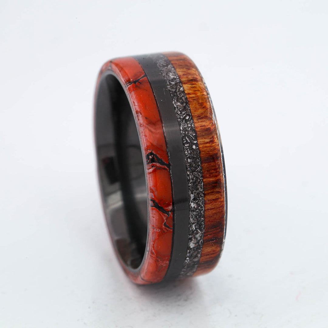 SALE RING - Black Zirconium, Rosewood, Meteorite, & Dinosaur Bone - Size 10.25