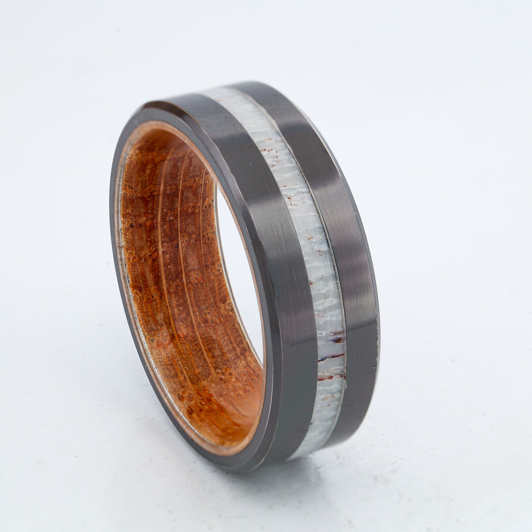 SALE RING - Black Zirconium, Antler, & Whiskey Barrel Wood - Size 10.75