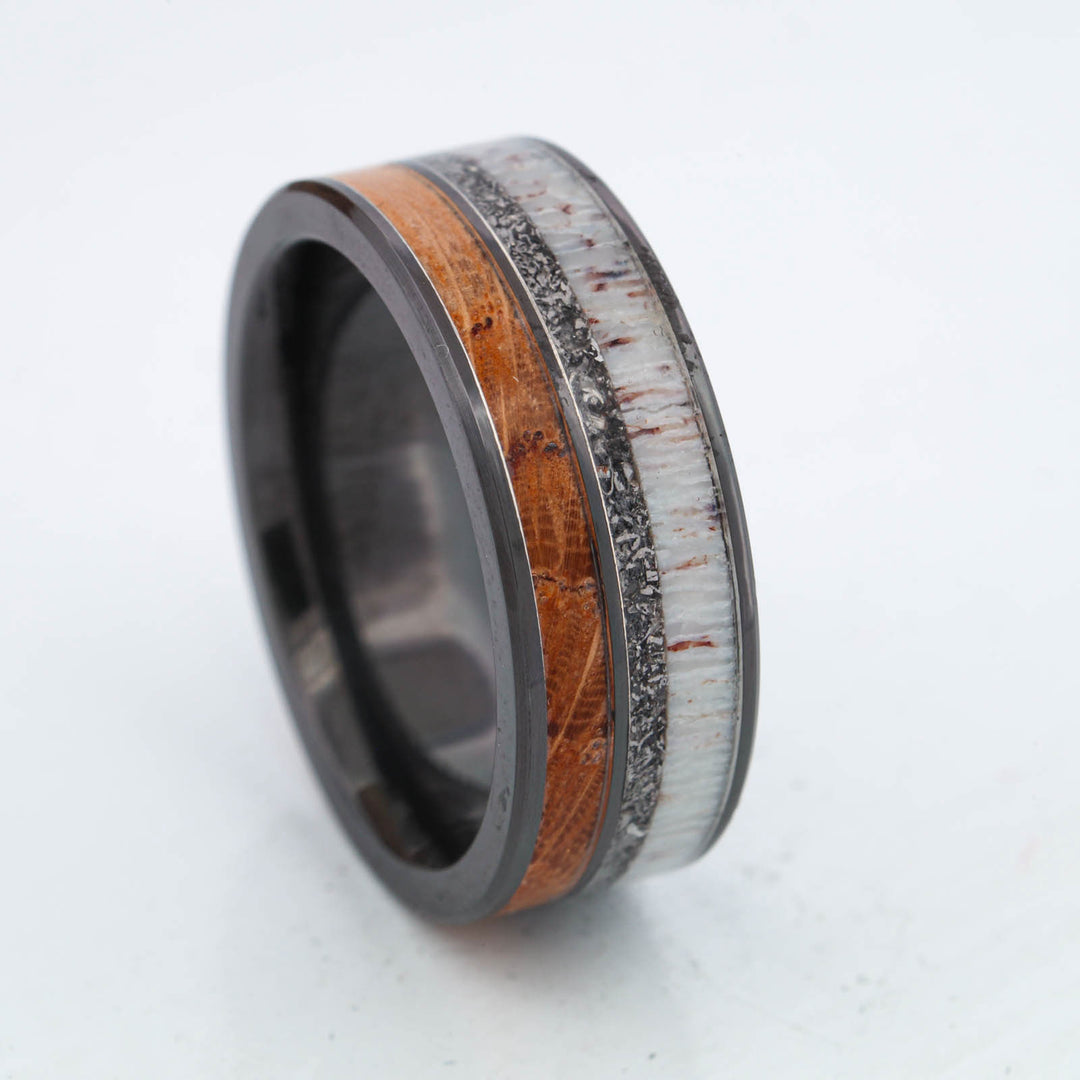 SALE RING - Black Zirconium, Antler, Meteorite, & Whiskey Barrel Wood - Size 9.25