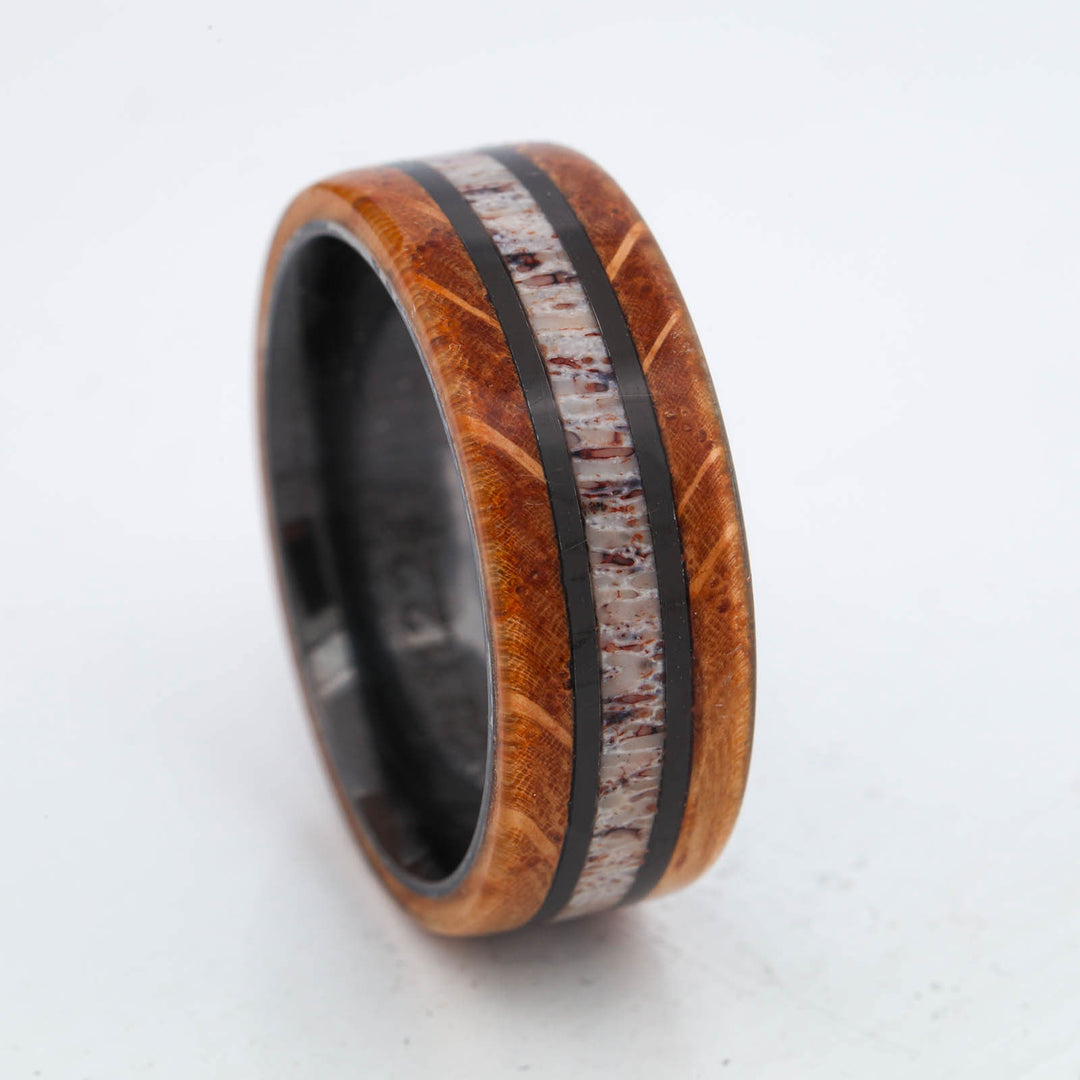 SALE RING - Black Zirconium, Antler, & Whiskey Barrel Wood - Size 9.75