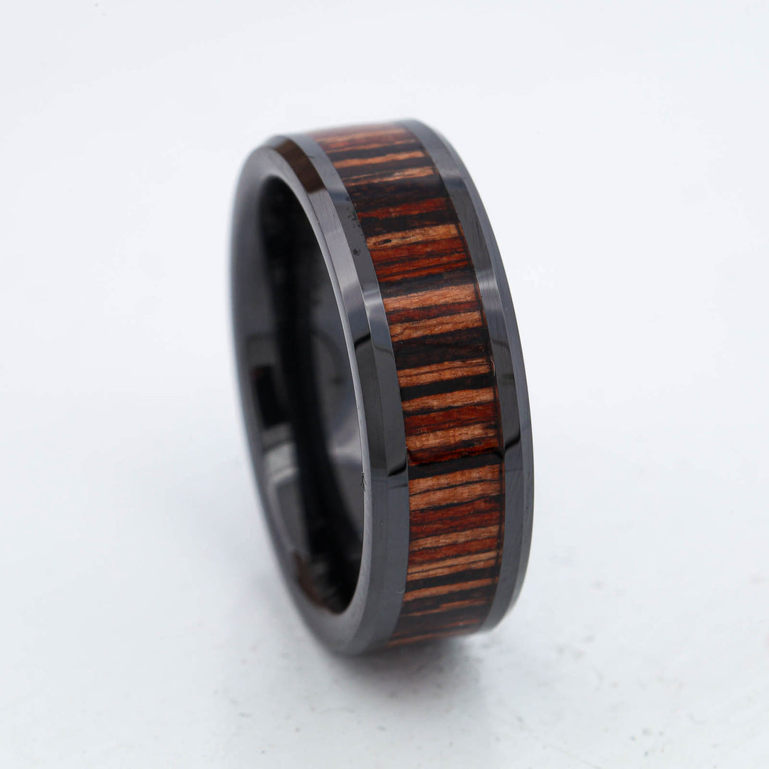 SALE RING - Black Ceramic & Zebrawood - Size 7.5