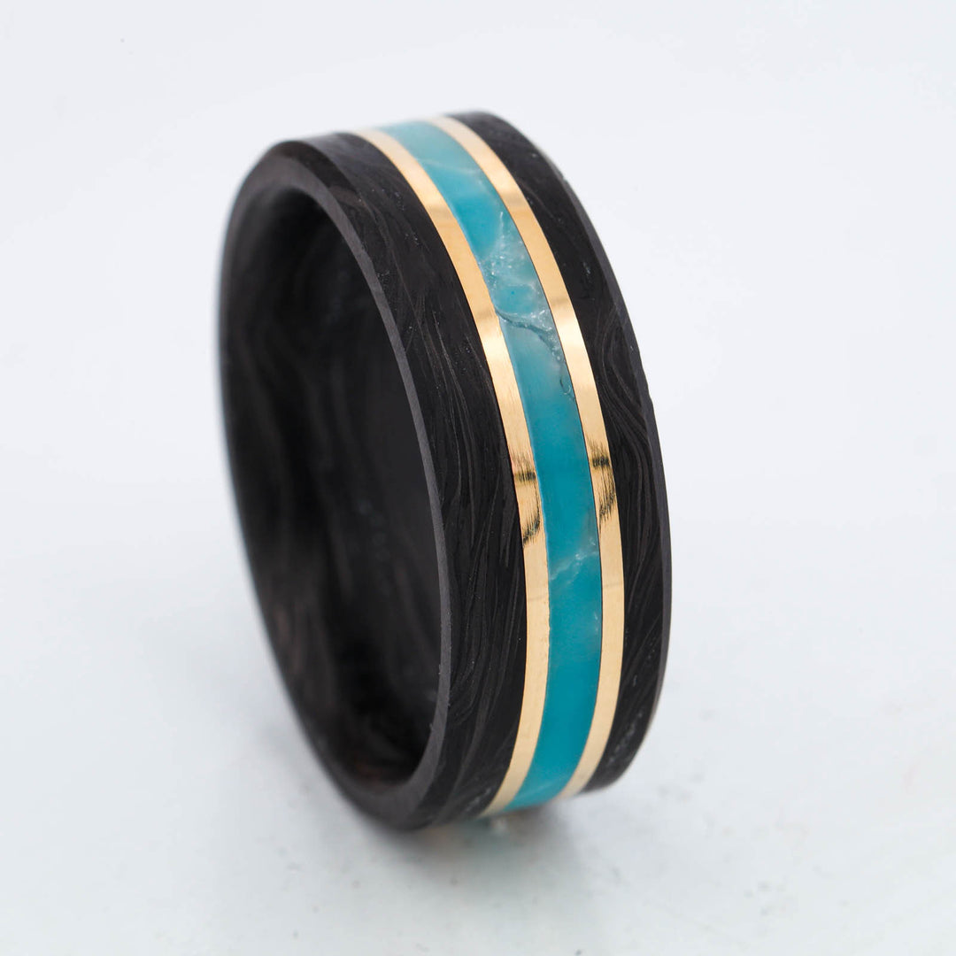 SALE RING - Carbon Fiber, Yellow Gold, & Larimar - Size 10.5