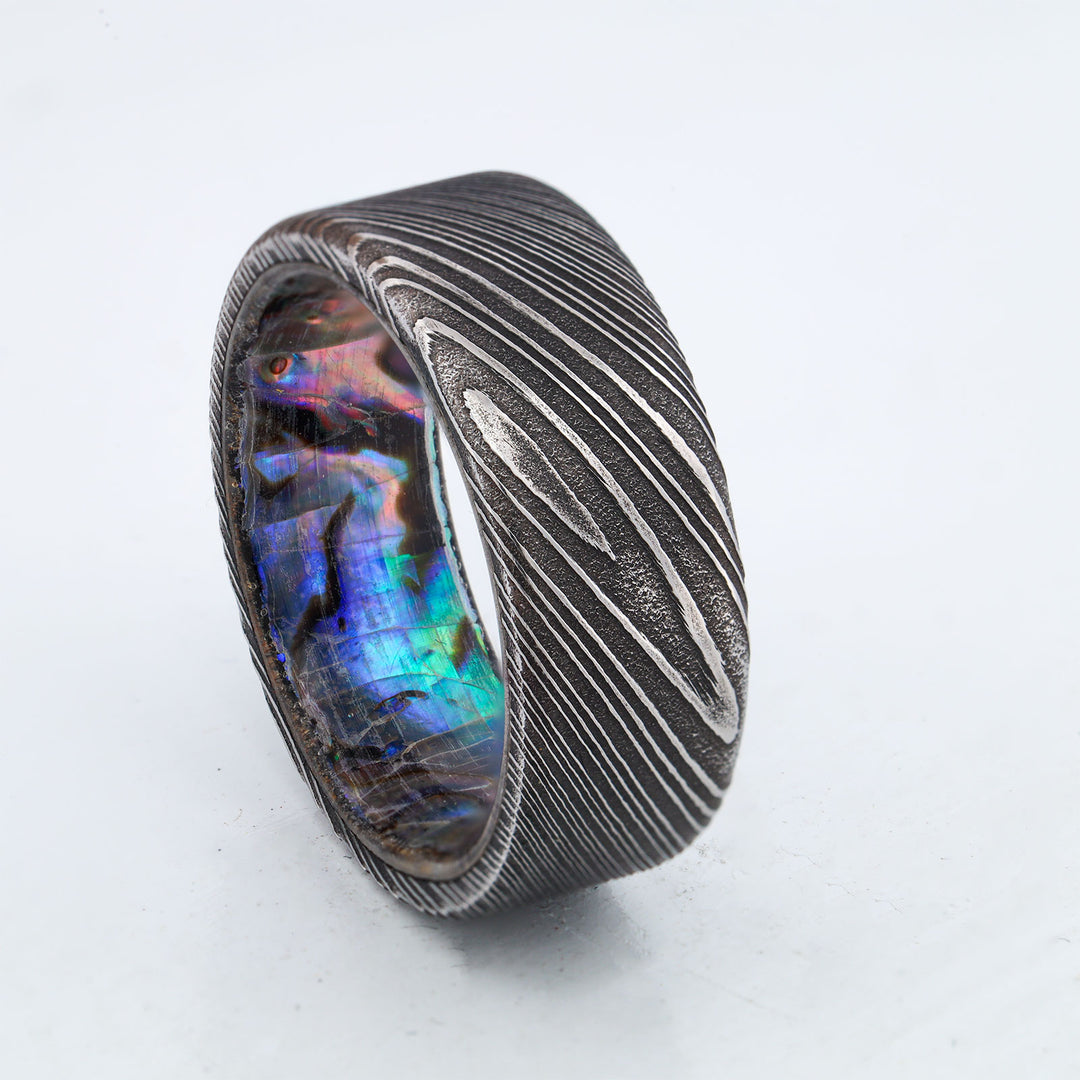 SALE RING - Dark Damascus Steel & Abalone Shell - Size 8