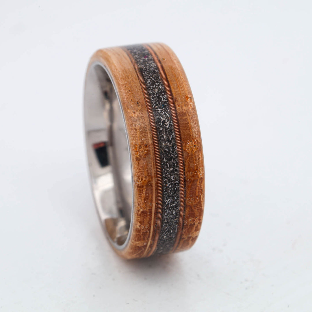 SALE RING - Stainless Steel, Whiskey Barrel Wood, Guitar Strings, & Meteorite - Size 8.5