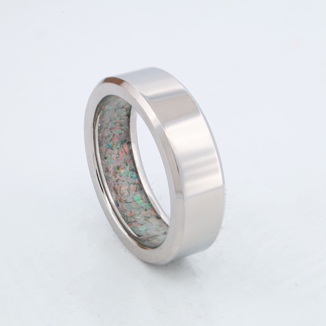 SALE RING - Stainless Steel, Crushed White Opal Liner - Size 6