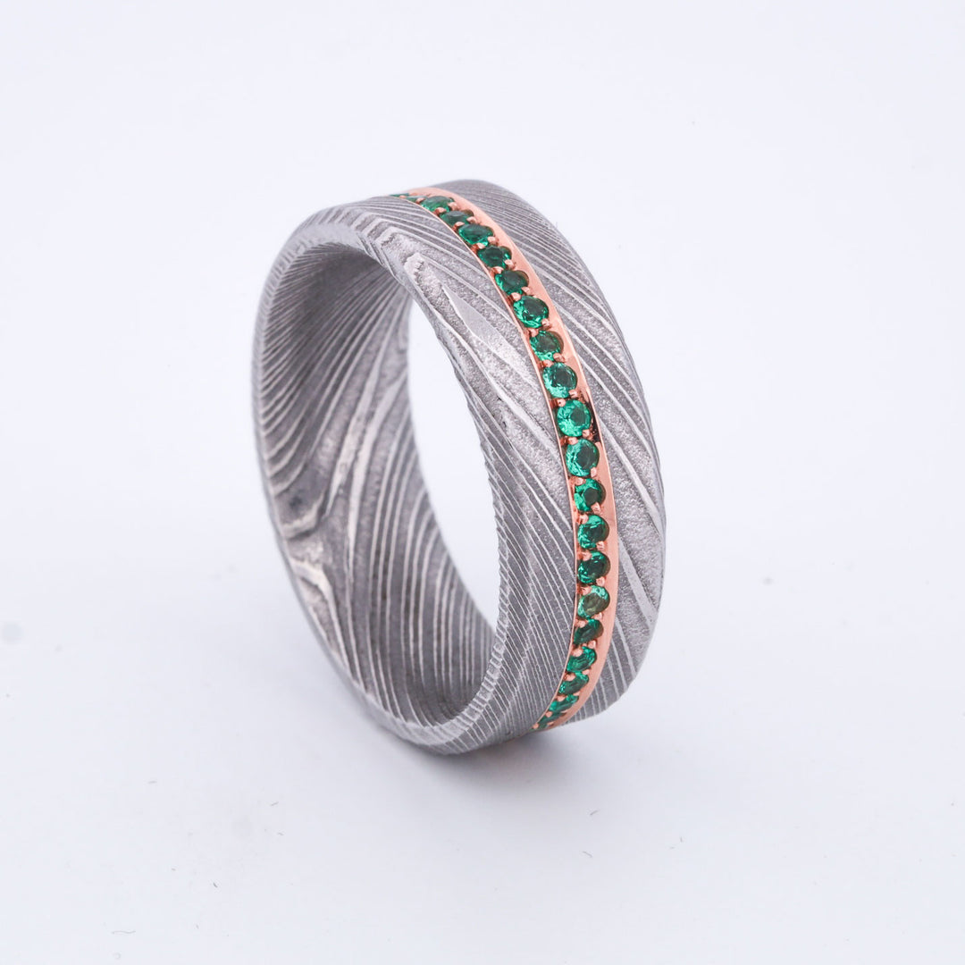 SALE RING - Polished Damascus Steel, Rose Gold, & Emeralds - Size 10