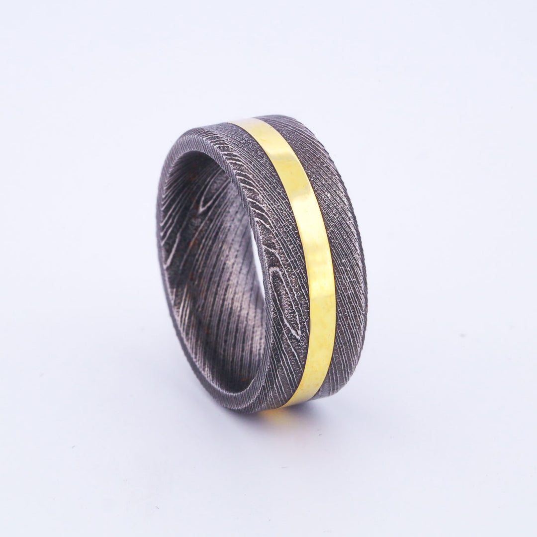 SALE RING - Polished Damascus Steel & Yellow Gold - Size 7