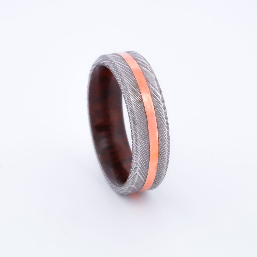 SALE RING - Polished Damascus Steel, Rose Gold, and Walnut - Size 8.25
