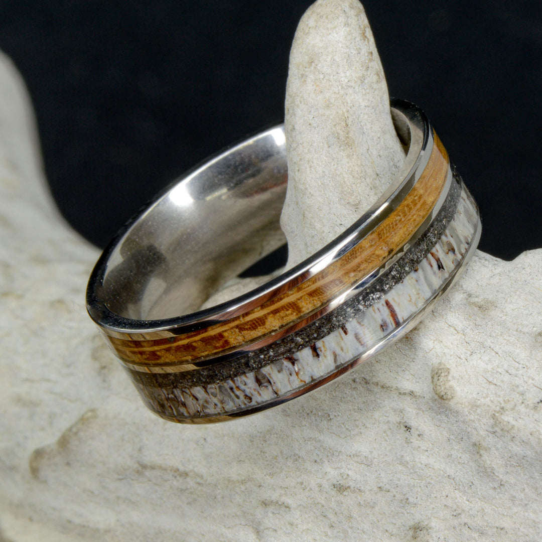 Dry Barrel - Black Zirconium, Whiskey Barrel Wood, Elk Antler, and Meteorite Inlays