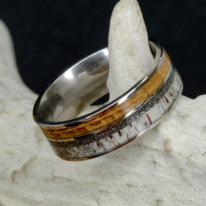 Dry Barrel - Black Zirconium, Whiskey Barrel Wood, Elk Antler, and Meteorite Inlays