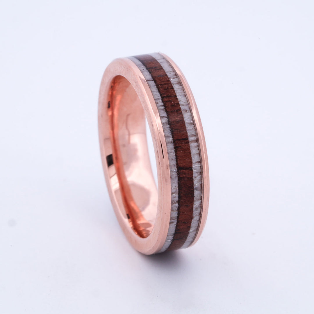 SALE RING - Rose Gold, Antler, & Walnut Wood - Size 9.25