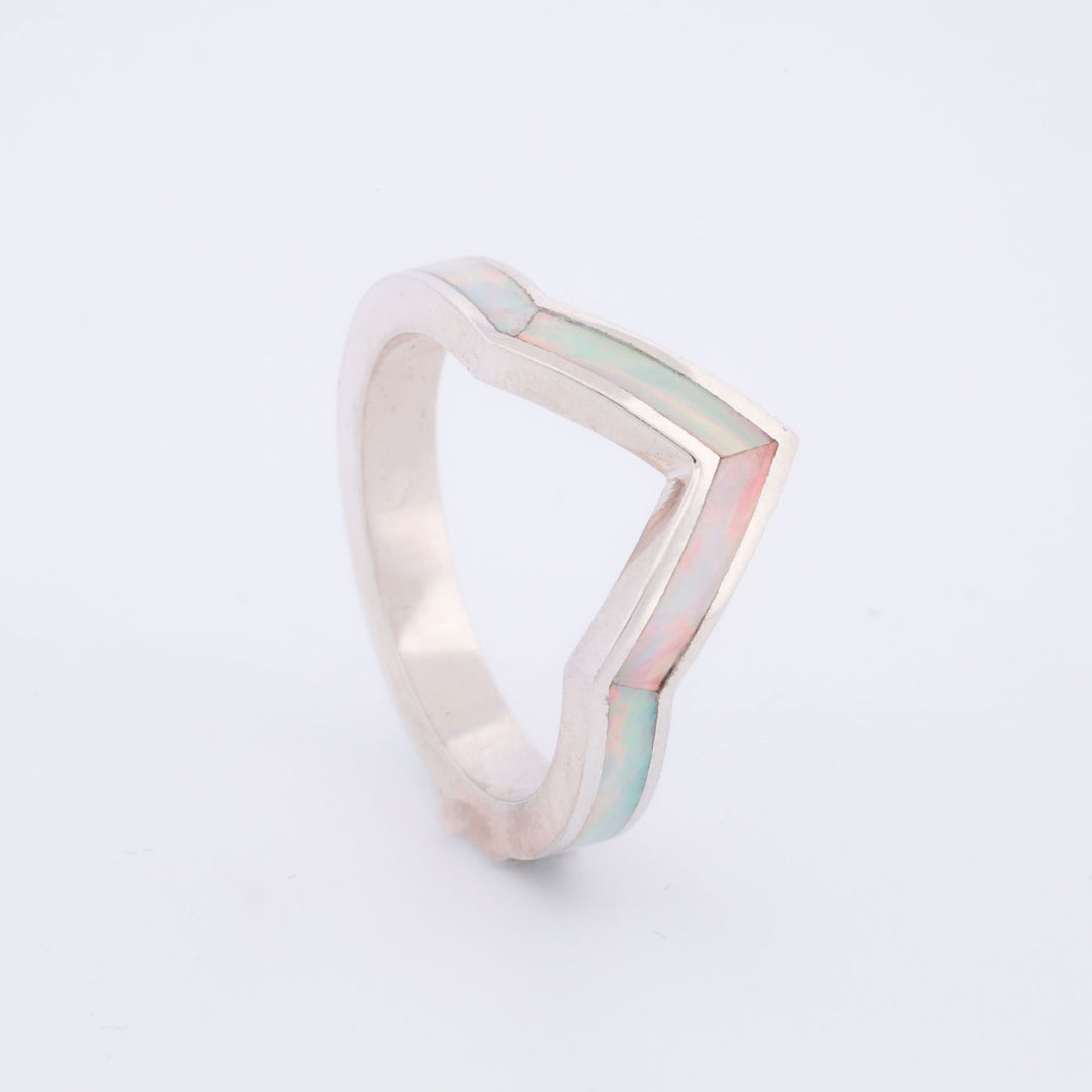 SALE RING - Silver & White Opal V-Ring - Size 7