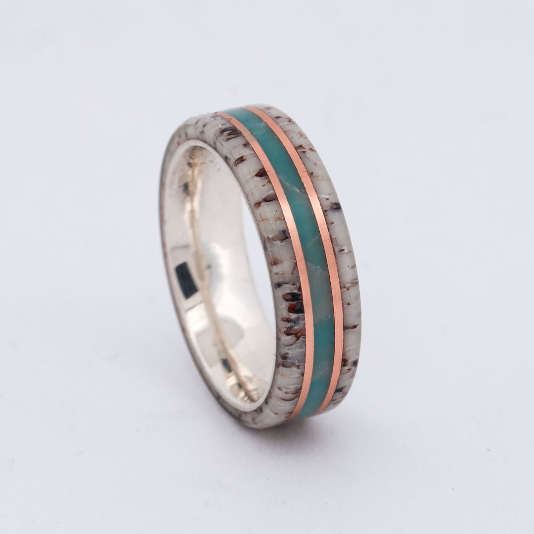 SALE RING - Silver, Antler, Larimar, & Rose Gold - Size 7.5