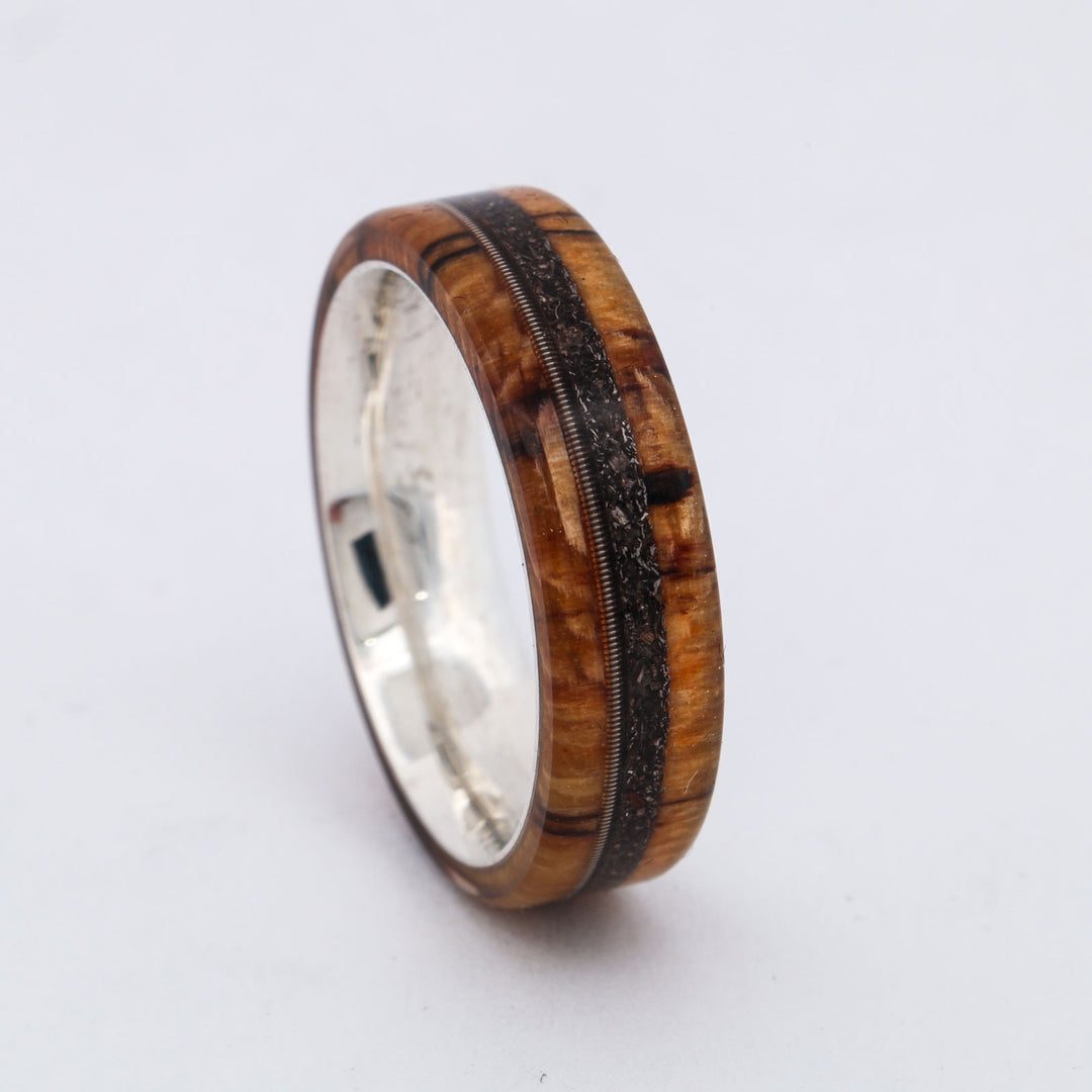SALE RING - Silver, Maple Wood, Meteorite, &Guitar String - Size 8.25