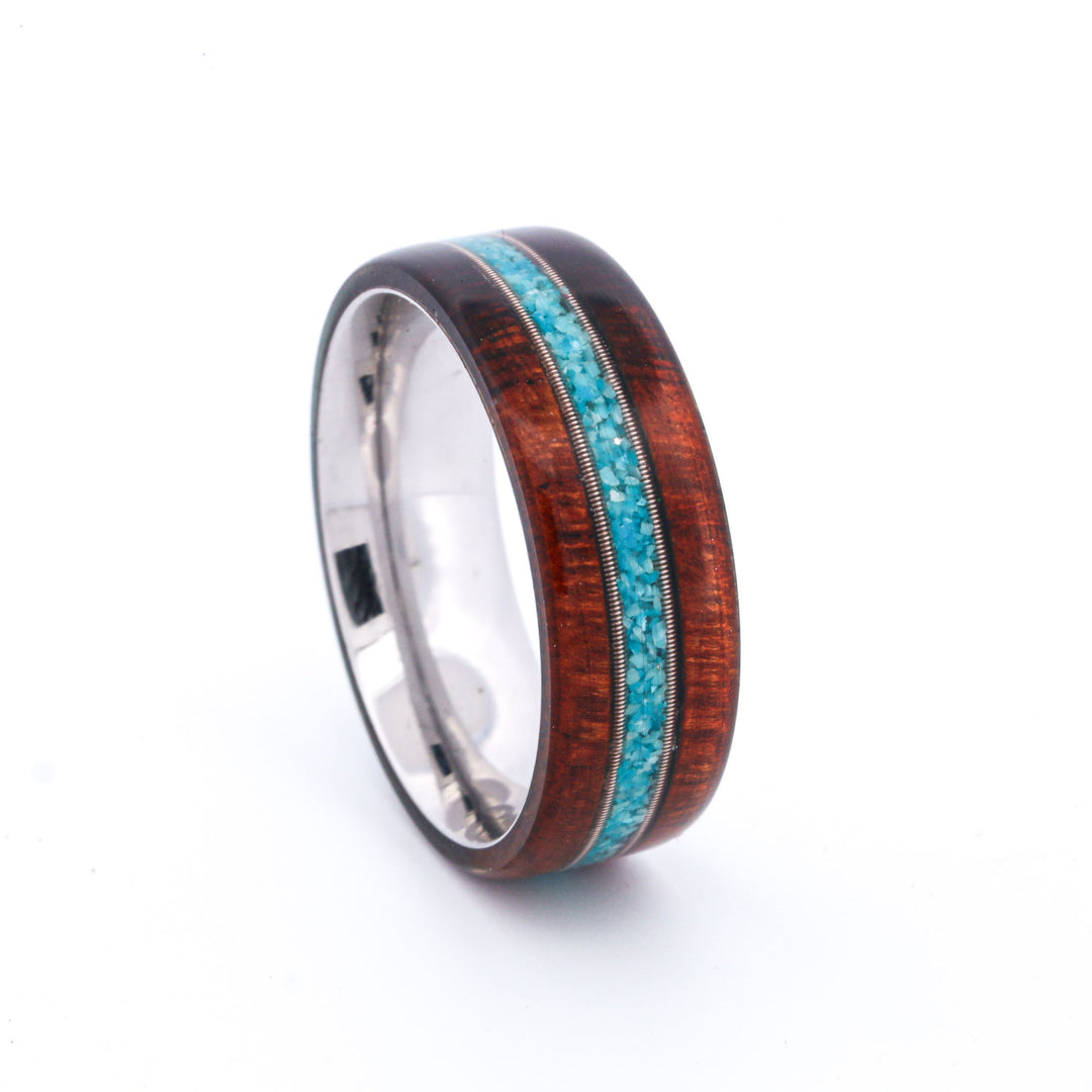 SALE RING - Stainless Steel, Ironwood, Turquoise, & Guitar Strings - Size 10.5