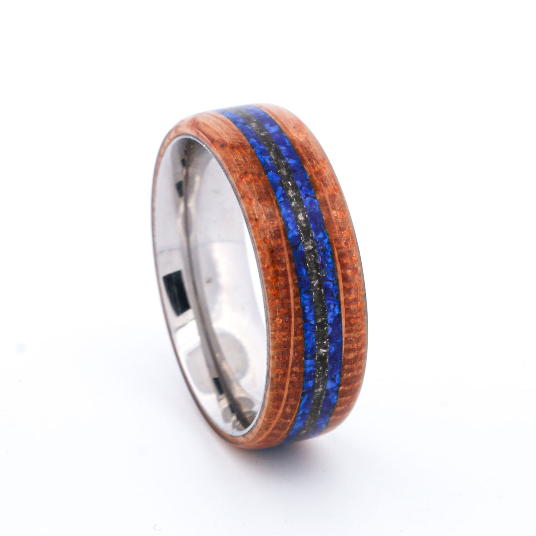 SALE RING - Stainless Steel, Whiskey Barrel Wood, Lapis Lazuli, & Meteorite - Size 11.75