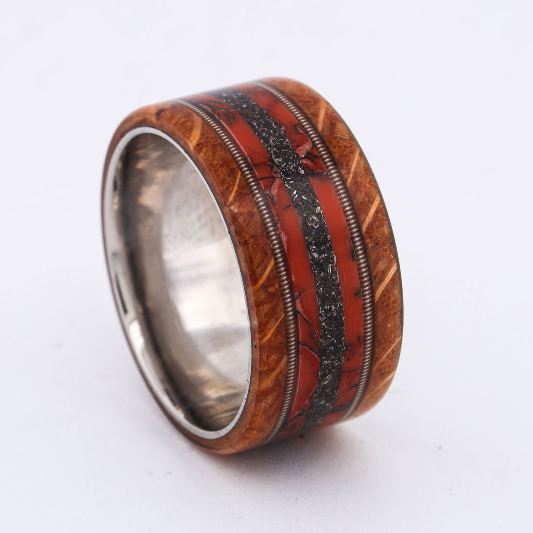 SALE RING - Stainless Steel, Whiskey Barrel Wood, Guitar Strings, Meteorite, & Dinosaur Bone - Size 11.75