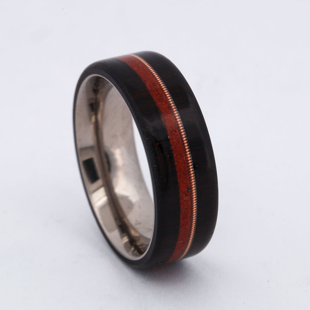 SALE RING - Titanium, Blackwood, Red Opal, & Guitar String - Size 10.25
