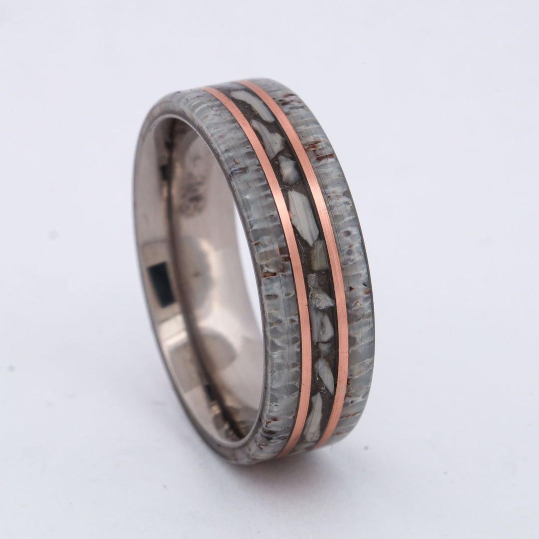 SALE RING - Titanium, Antler, Rose Gold, & Crushed Elk Ivory - Size 12.5