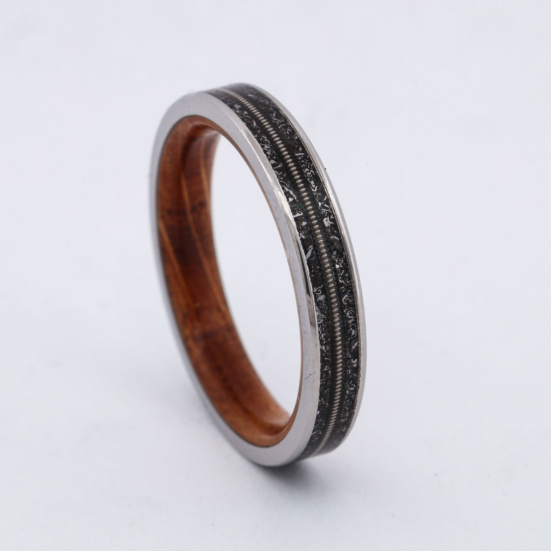 SALE RING - Titanium, Meteorite, Guitar String, & Whiskey Barrel Wood - Size 9.5