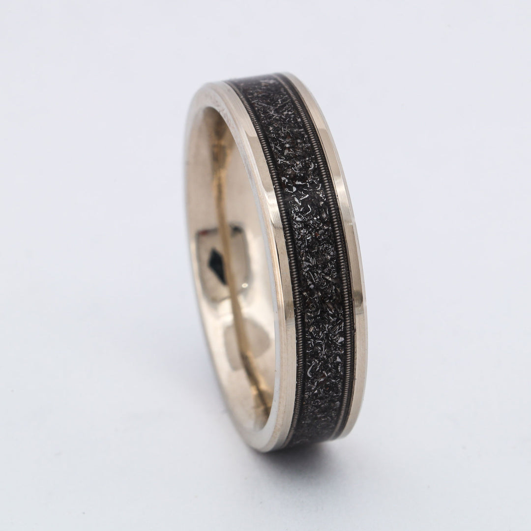 SALE RING - White Gold, Meteorite & Guitar Strings - Size 11.25