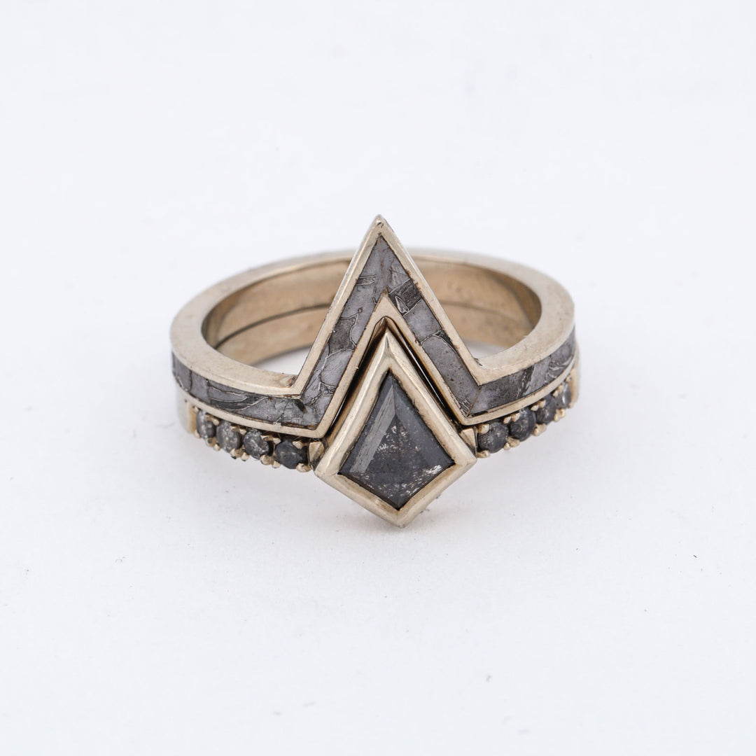 SALE RING - White Gold, Salt and Pepper Diamonds & Etched Muonionalusta Meteorite - Size 6.75