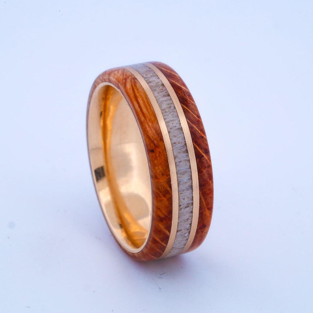 SALE RING - Yellow Gold, Antler, & Whiskey Barrel Wood - Size 10.5