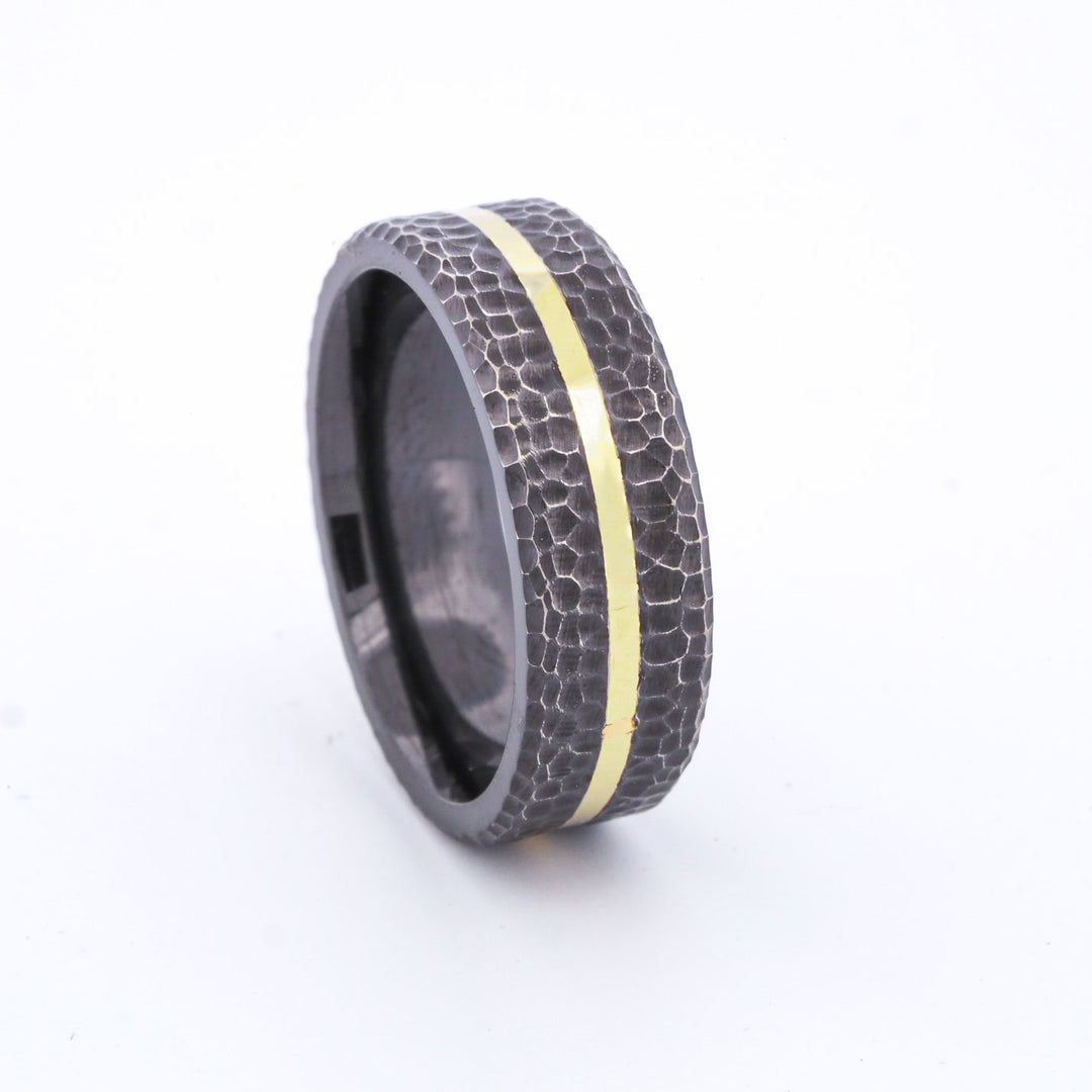 SALE RING - Hammered Black Zirconium, & Yellow Gold - Size 8.75