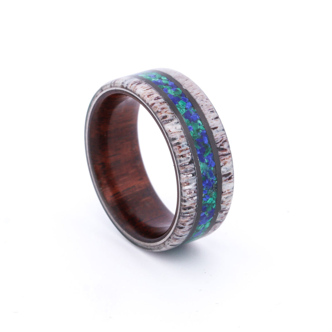 SALE RING - Black Zirconium, Koa Wood, Antler, Lapis/Malachite - Size 8