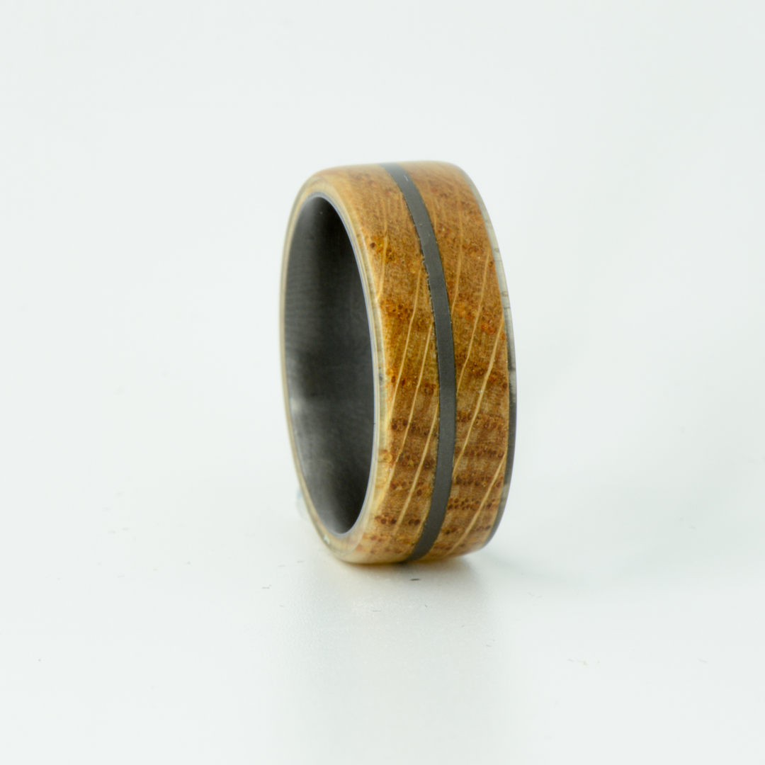 SALE RING - Black Zirconium and Whiskey Barrel Wood - Size 7.75