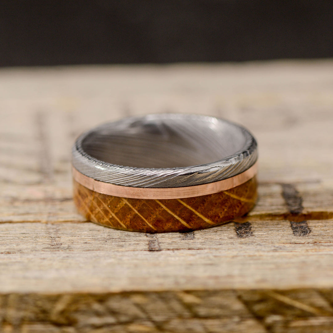 Polished Damascus Steel, Rose Gold, Whiskey Barrel Wood