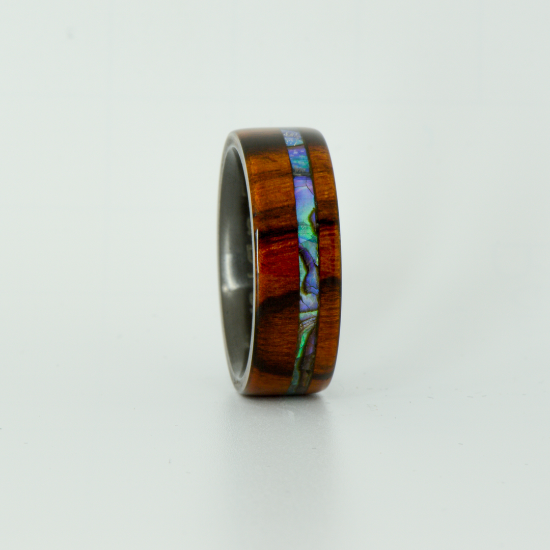 SALE RING - Black Zirconium, Ironwood, and Abalone Shell - Size 10.5