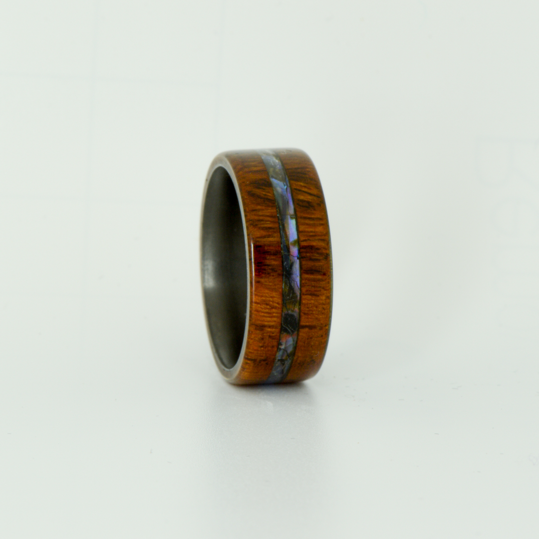 SALE RING - Black Zirconium, Ironwood, and Abalone Shell - Size 7.75