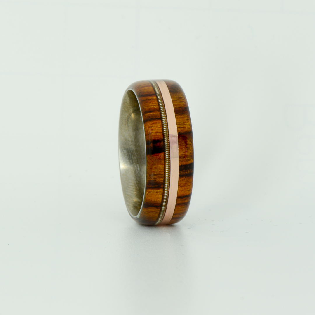SALE RING - Titanium, Ironwood, Rose Gold, & Guitar String - Size 9.75