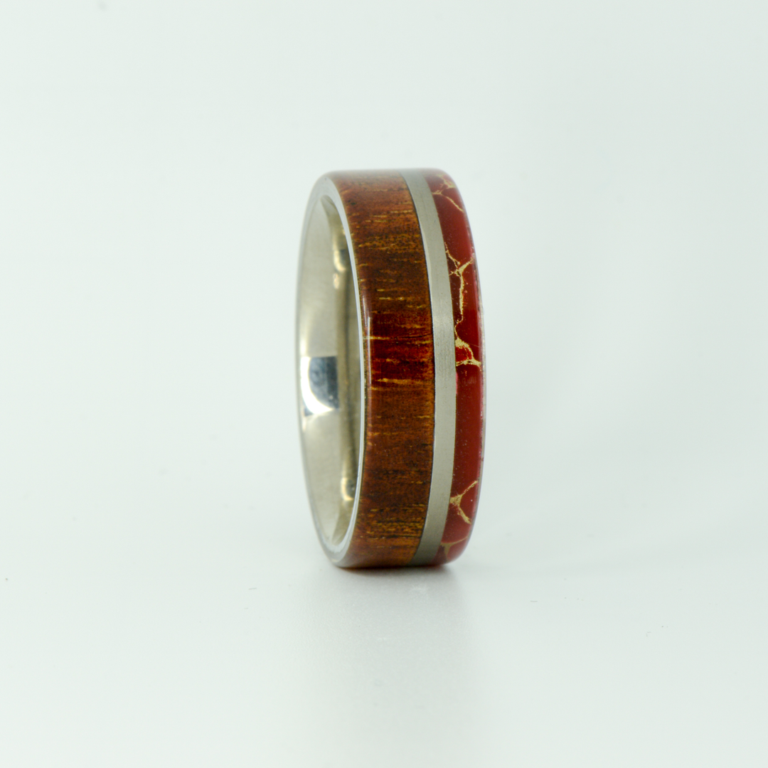 SALE RING - Titanium, Red Jasper, & Koa Wood - Size 12.25