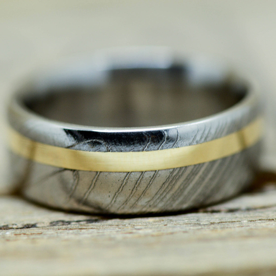 Polished Damascus Steel, Yellow Gold Inlay