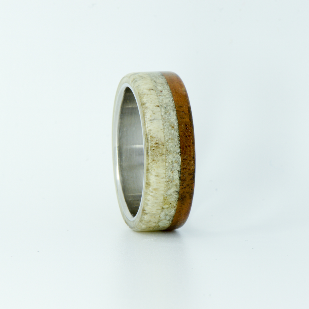 SALE RING - Stainless Steel, Antler, Walnut, & Larimar - Size 11.5