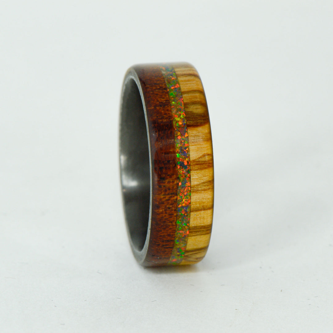 SALE RING - Black Zirconium, Koa, Black Opal, Olivewood - Size 11.5