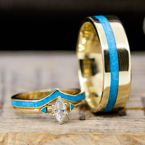 Yellow Gold with Marquise Diamond setting and Turquoise Inlays