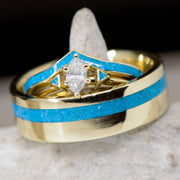 Yellow Gold with Marquise Diamond setting and Turquoise Inlays
