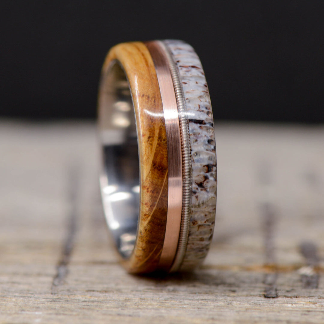 Whiskey Barrel Wood, Rose Gold, Guitar String and Elk Antler Inlays
